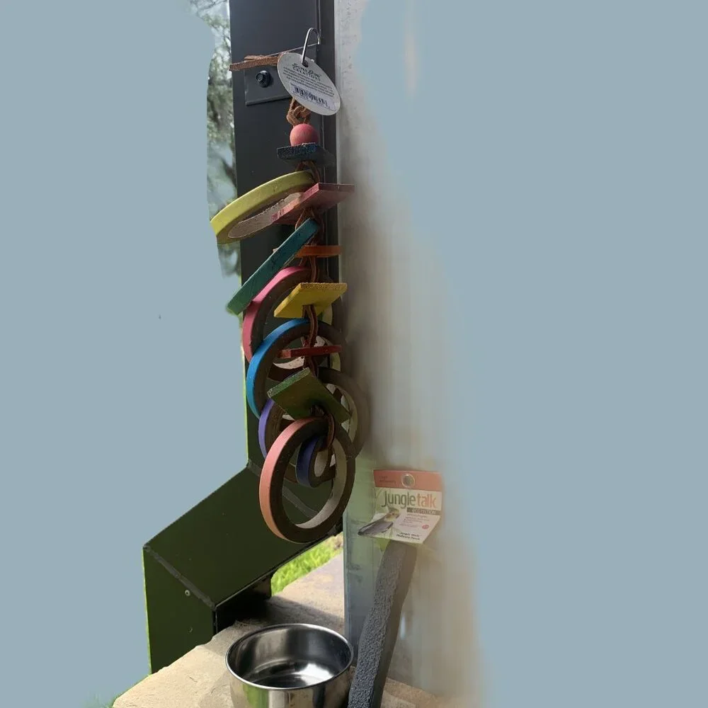BIRD SUPPLIES - 3pc lot PARROT MACCAW, hanging cage toys, blocks, perch, bowl